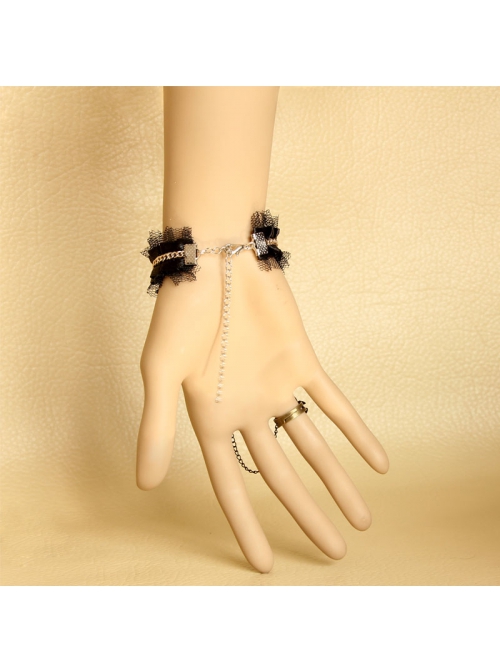 Retro Gothic Fashion Elegant Black Lace Rose Flower Female With Ring Bracelet