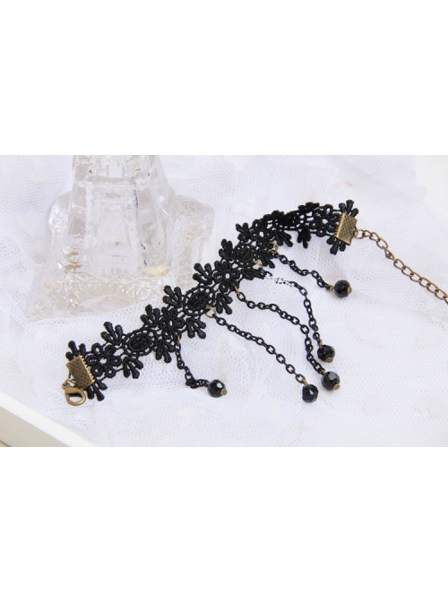 Gothic Punk Fashion Black Tassel Man-made Crystal Retro Lace Female Bracelet