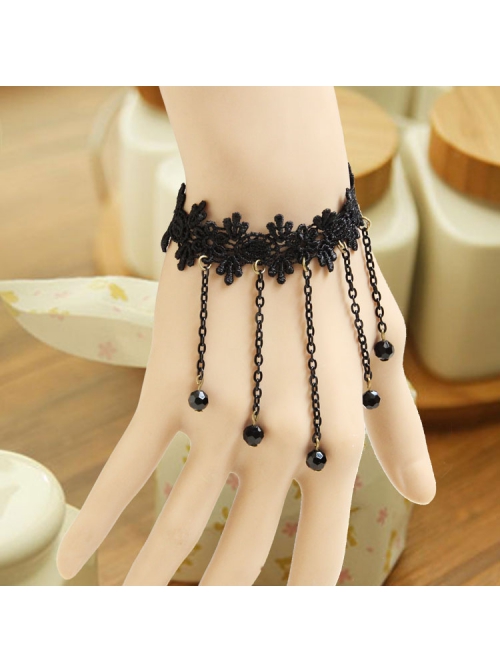 Gothic Punk Fashion Black Tassel Man-made Crystal Retro Lace Female Bracelet