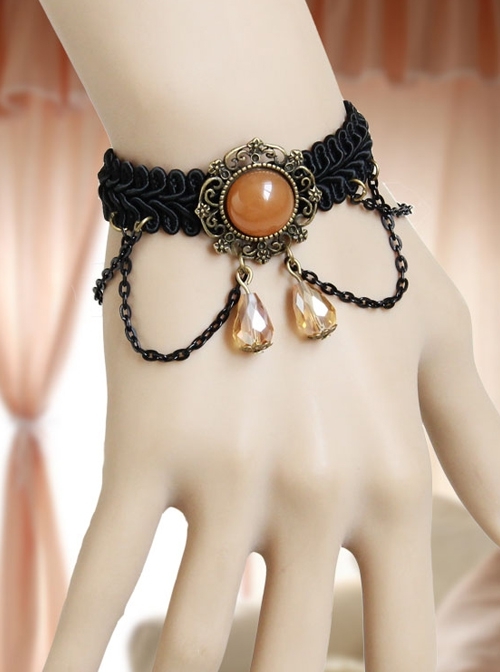 Gothic Fashion Handmade Artificial Crystal Retro Black Braided Female Bracelet With Ring One Chain