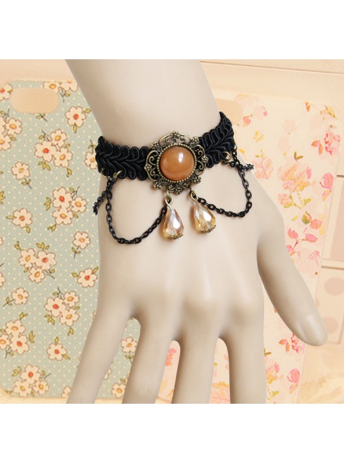 Gothic Fashion Handmade Artificial Crystal Retro Black Braided Female Bracelet With Ring One Chain