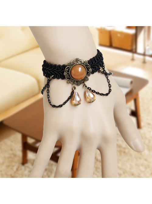 Gothic Fashion Handmade Artificial Crystal Retro Black Braided Female Bracelet With Ring One Chain