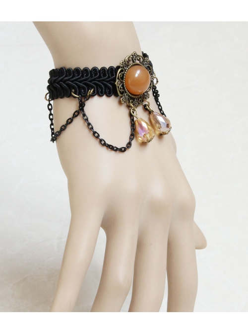 Gothic Fashion Handmade Artificial Crystal Retro Black Braided Female Bracelet With Ring One Chain
