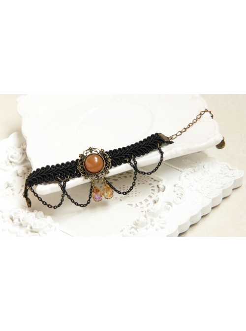 Gothic Fashion Handmade Artificial Crystal Retro Black Braided Female Bracelet With Ring One Chain