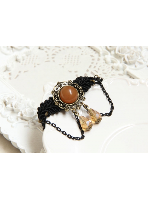 Gothic Fashion Handmade Artificial Crystal Retro Black Braided Female Bracelet With Ring One Chain