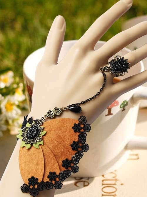 Retro Fashion Exaggerated Brown Felt Black Lace Female Bracelet With Ring One Chain