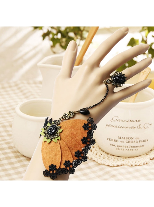 Retro Fashion Exaggerated Brown Felt Black Lace Female Bracelet With Ring One Chain