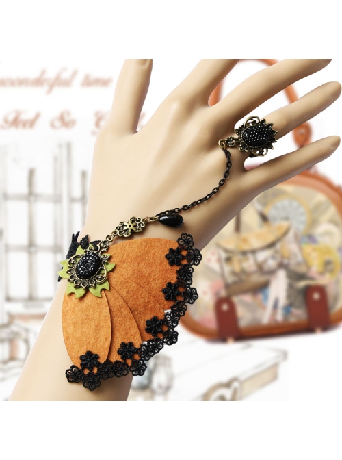 Retro Fashion Exaggerated Brown Felt Black Lace Female Bracelet With Ring One Chain