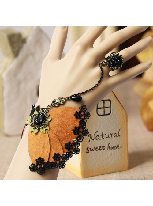 Retro Fashion Exaggerated Brown Felt Black Lace Female Bracelet With Ring One Chain