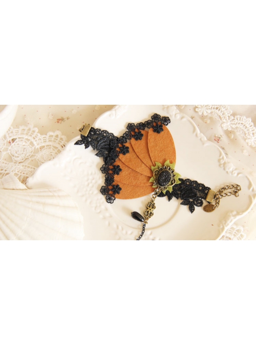 Retro Fashion Exaggerated Brown Felt Black Lace Female Bracelet With Ring One Chain