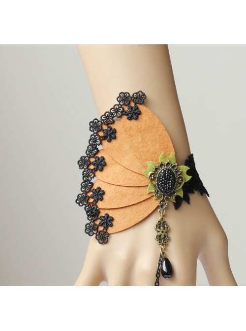 Retro Fashion Exaggerated Brown Felt Black Lace Female Bracelet With Ring One Chain