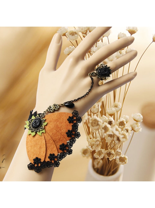 Retro Fashion Exaggerated Brown Felt Black Lace Female Bracelet With Ring One Chain