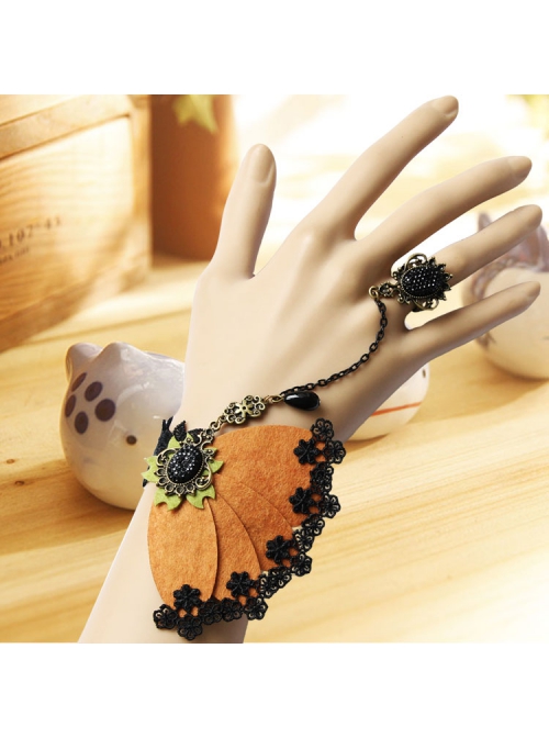 Retro Fashion Exaggerated Brown Felt Black Lace Female Bracelet With Ring One Chain