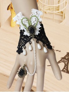 Fashion Bunny Girl Retro Prom Black White Lace Pearl Female Bracelet with Ring One Chain