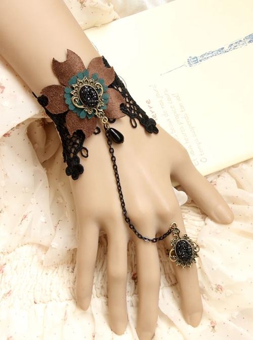 Fashion Flower Retro Black Lace Pearl Brown Fabric Female Ring With Bracelet One Chain