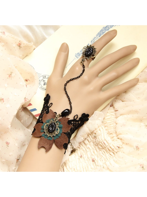 Fashion Flower Retro Black Lace Pearl Brown Fabric Female Ring With Bracelet One Chain