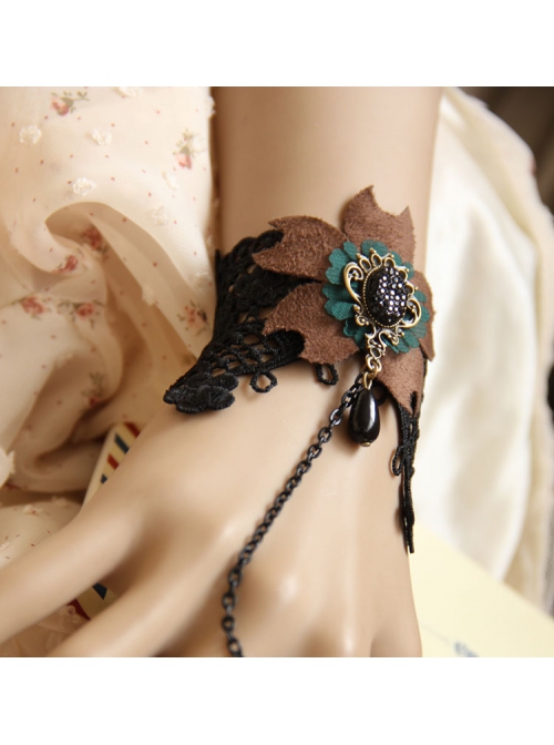 Fashion Flower Retro Black Lace Pearl Brown Fabric Female Ring With Bracelet One Chain