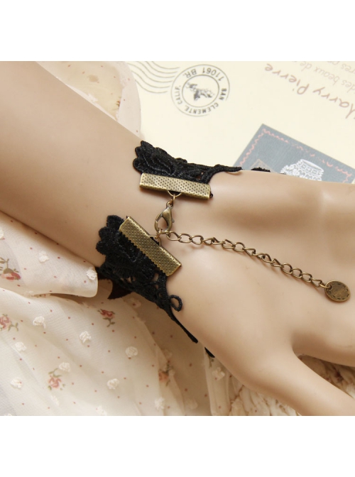 Fashion Flower Retro Black Lace Pearl Brown Fabric Female Ring With Bracelet One Chain