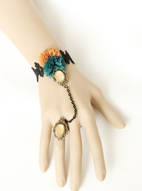 Retro Fashion Personality Halloween Black Lace Dark Green Orange Flower Female Bracelet With Ring One Chain