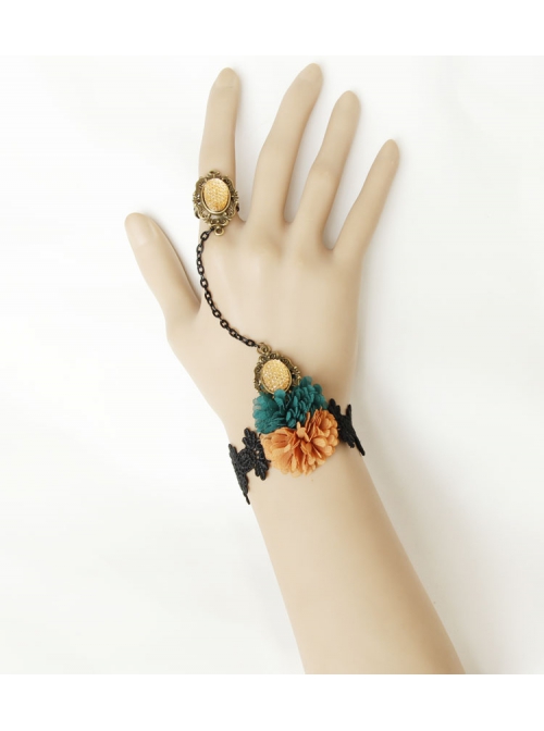 Retro Fashion Personality Halloween Black Lace Dark Green Orange Flower Female Bracelet With Ring One Chain