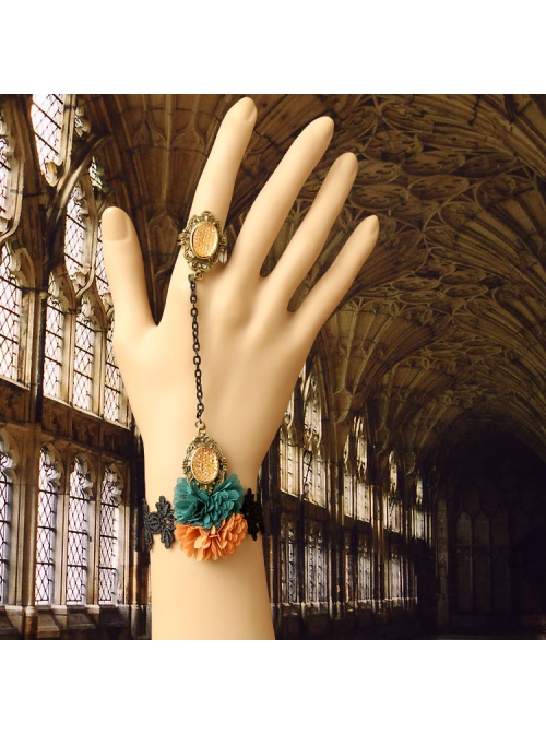 Retro Fashion Personality Halloween Black Lace Dark Green Orange Flower Female Bracelet With Ring One Chain