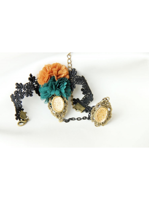 Retro Fashion Personality Halloween Black Lace Dark Green Orange Flower Female Bracelet With Ring One Chain