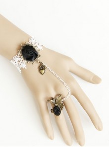 Gothic Fashion Loli Retro Love Heart Black Rose White Lace Female Bracelet With Ring One Chain