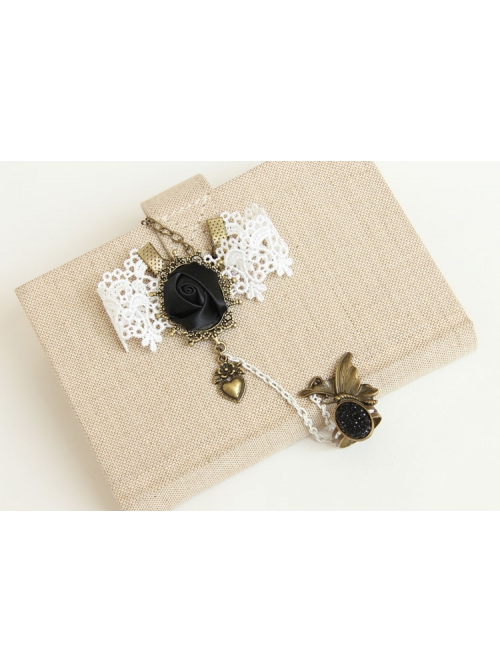 Gothic Fashion Loli Retro Love Heart Black Rose White Lace Female Bracelet With Ring One Chain