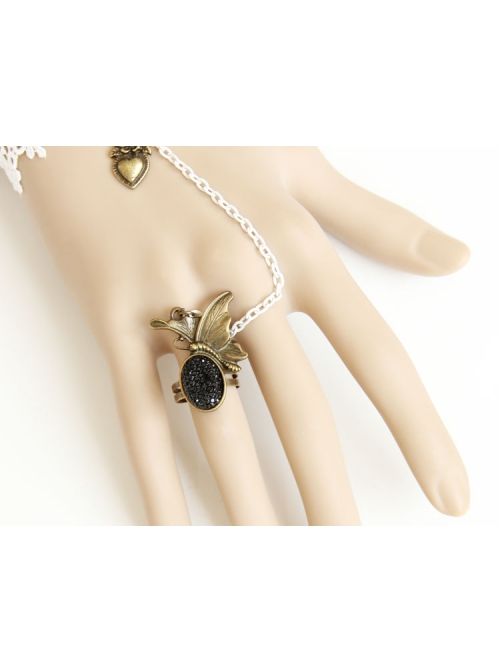 Gothic Fashion Loli Retro Love Heart Black Rose White Lace Female Bracelet With Ring One Chain
