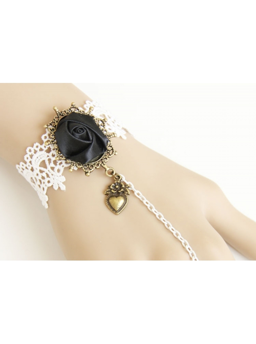 Gothic Fashion Loli Retro Love Heart Black Rose White Lace Female Bracelet With Ring One Chain