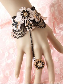 Fashion Retro Gothic Black Flower Lace Braided Female Bracelet With Ring One Chain