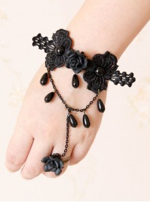Gothic Retro Fashion Black Lace Rose Flower Pearl Female With Ring Bracelet