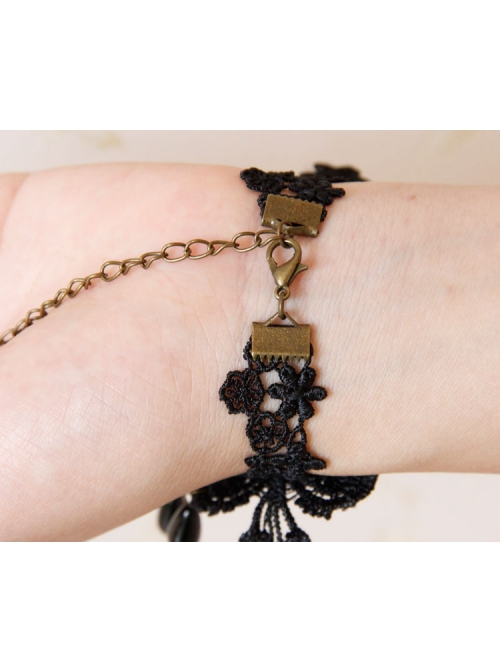 Gothic Retro Fashion Black Lace Rose Flower Pearl Female With Ring Bracelet