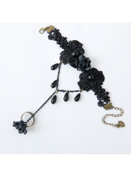 Gothic Retro Fashion Black Lace Rose Flower Pearl Female With Ring Bracelet
