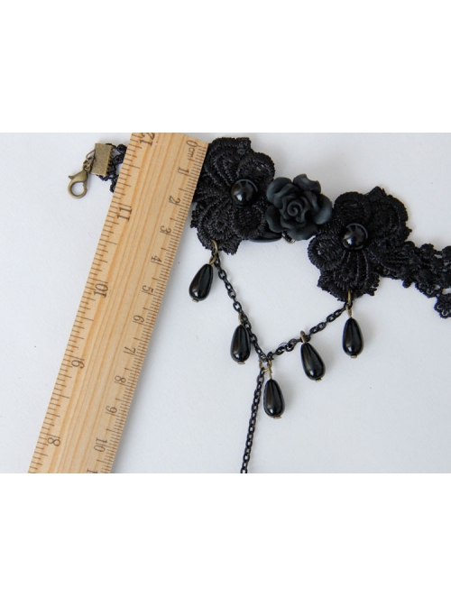 Gothic Retro Fashion Black Lace Rose Flower Pearl Female With Ring Bracelet