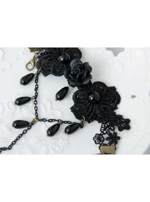 Gothic Retro Fashion Black Lace Rose Flower Pearl Female With Ring Bracelet