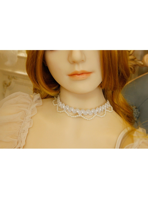 Baroque Retro Fashion Hand-Made White Lace Pearl Ribbon Female Short Necklace