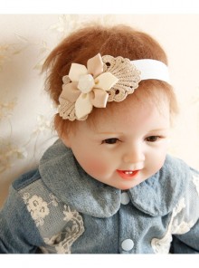 Holiday Birthday Fashion Cute Pearl Beige Flowers Golden Lace Girls Elastic Baby Hairband
