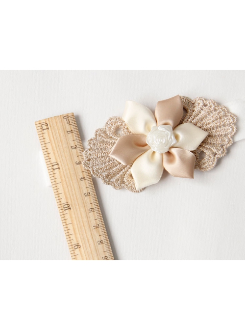 Holiday Birthday Fashion Cute Pearl Beige Flowers Golden Lace Girls Elastic Baby Hairband