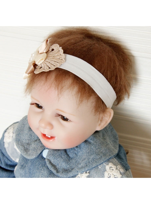Holiday Birthday Fashion Cute Pearl Beige Flowers Golden Lace Girls Elastic Baby Hairband