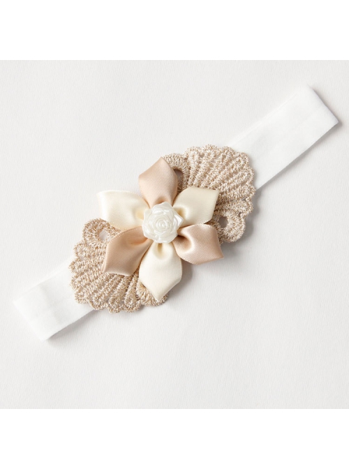 Holiday Birthday Fashion Cute Pearl Beige Flowers Golden Lace Girls Elastic Baby Hairband