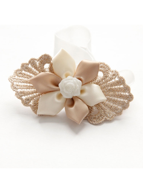 Holiday Birthday Fashion Cute Pearl Beige Flowers Golden Lace Girls Elastic Baby Hairband