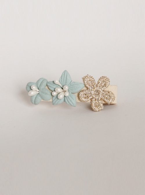 Light Green Flowers White Pearls Golden Lace Simple Fashion Baby Girls Cute Birthday Hairpin