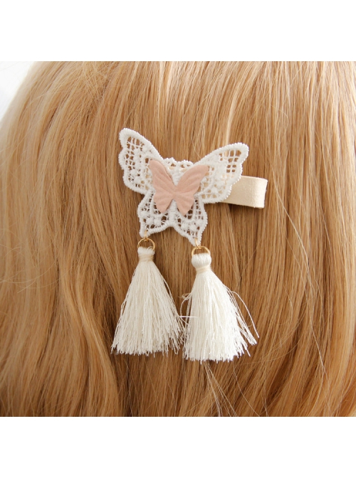 Fashion Retro Festival Baby Girl White Lace Butterfly Tassel Hairpin