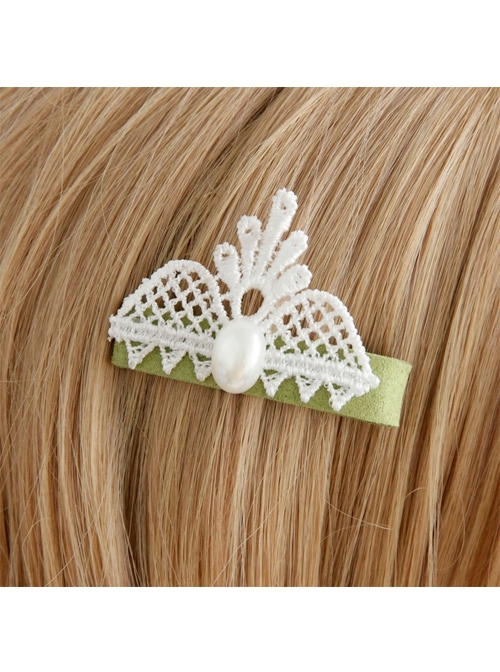 Handmade Fashion Cute White Lace Pearl Little Crown Baby Child Green Duckbill Hairpin