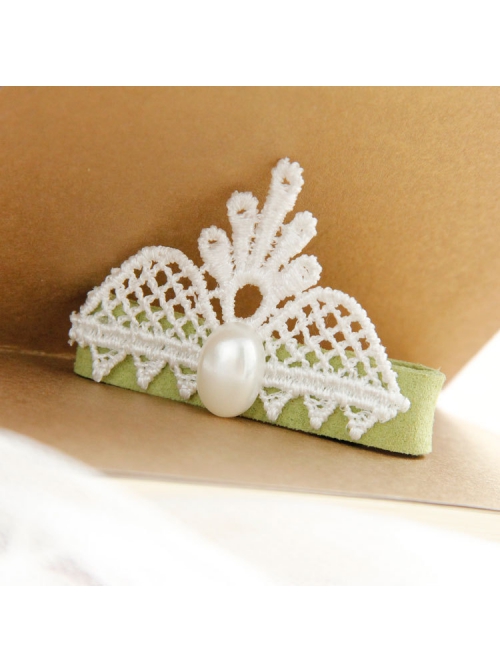 Handmade Fashion Cute White Lace Pearl Little Crown Baby Child Green Duckbill Hairpin