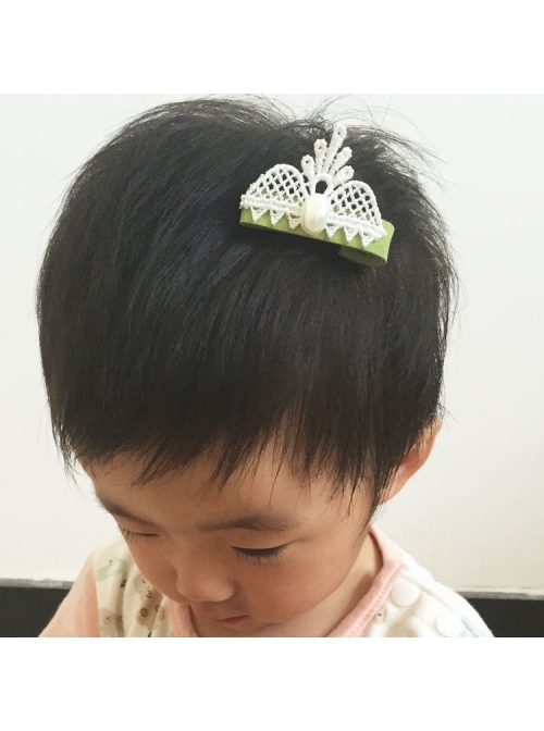 Handmade Fashion Cute White Lace Pearl Little Crown Baby Child Green Duckbill Hairpin