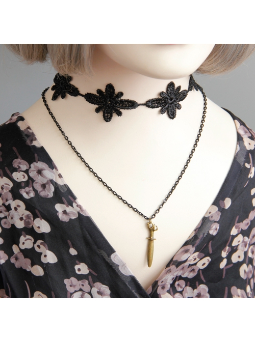 Fashion Retro Gothic All-Match Black Lace Flower Chain Dagger Personalized Collar