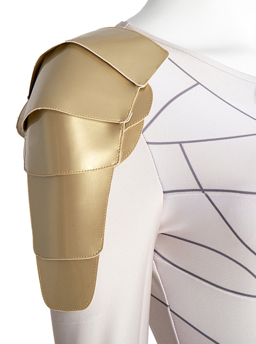 Eternals Thena Beige Battle Suit Design Combination 2 Halloween Cosplay Costume Golden Shoulder Armors