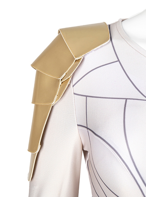 Eternals Thena Beige Battle Suit Design Combination 2 Halloween Cosplay Costume Golden Shoulder Armors